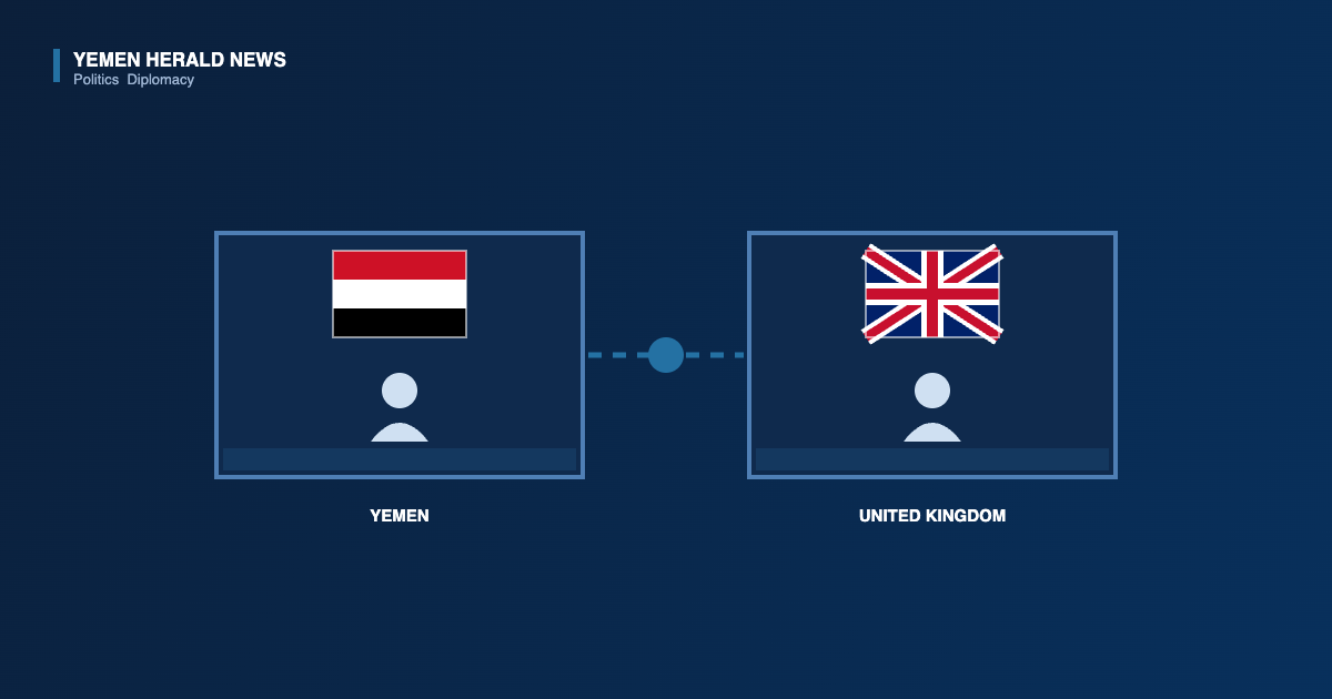 Illustration of a video call between Yemeni and British officials, showing the Yemeni and British flags on two screens