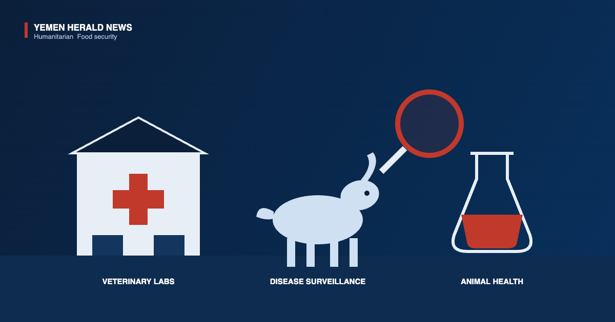 Illustration of veterinary services in Yemen, showing a laboratory building with a medical cross, a magnifying glass over a livestock animal and a laboratory flask