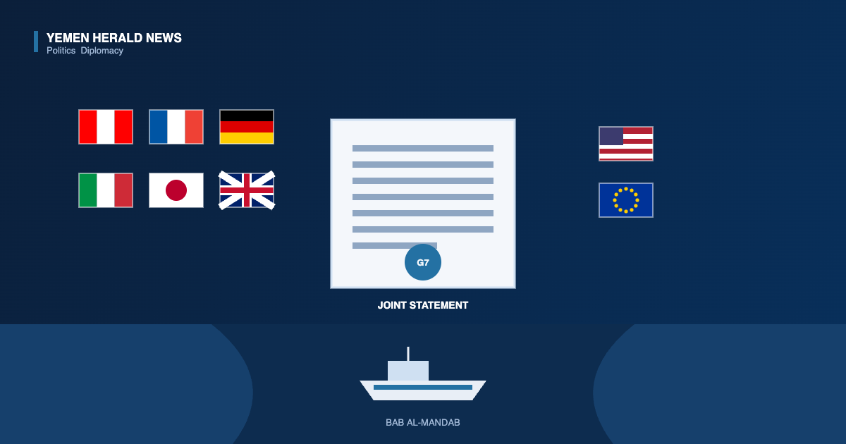 Illustration of a G7 joint statement on Yemen, showing the flags of the seven member states and the European Union beside a sealed statement document above a cargo ship passing through a narrow strait
