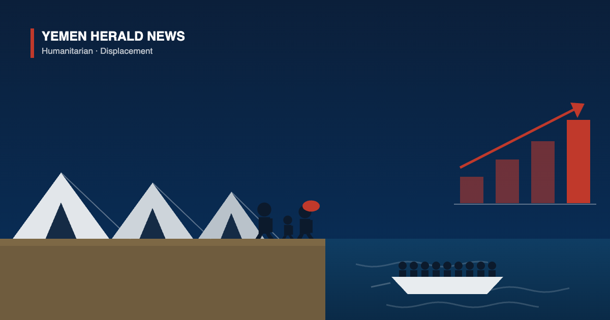 Illustration of a displacement camp with tents, a family walking with belongings, a crowded boat crossing the sea and a rising bar chart