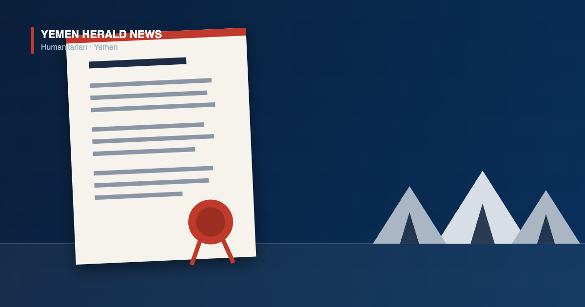 Illustration of an official warning letter with a red seal beside relief tents, representing a charity regulator ruling on aid operations in Yemen