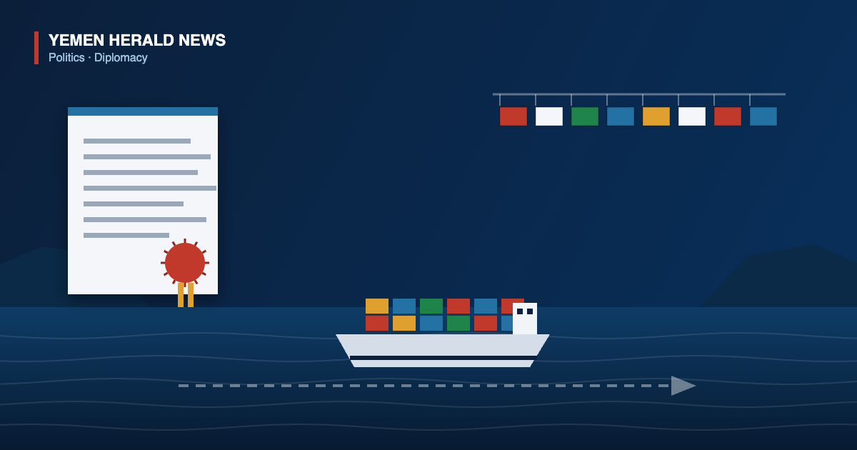 Illustration of a sealed joint declaration beside a container ship transiting the Bab al-Mandab strait, with a row of signatory flags above