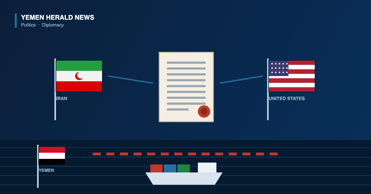 Illustration of Iranian and United States flags flanking an agreement document above a blockaded shipping lane marked with a Yemeni flag