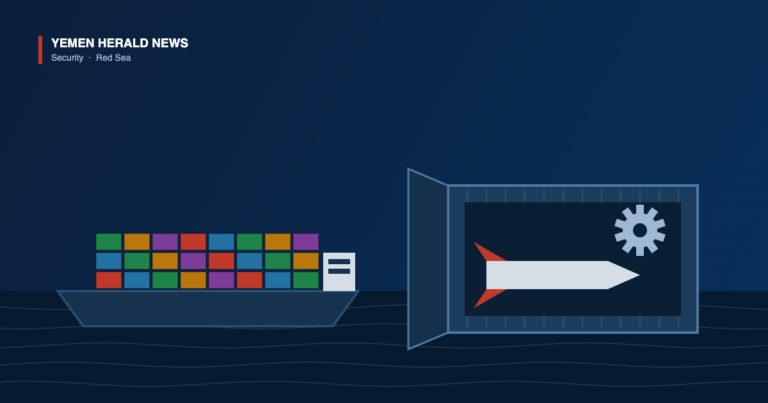 Illustration of a container ship and an open shipping container holding a missile body with tail fins and a machine-tool gear, representing Houthi weapons assembly from imported parts