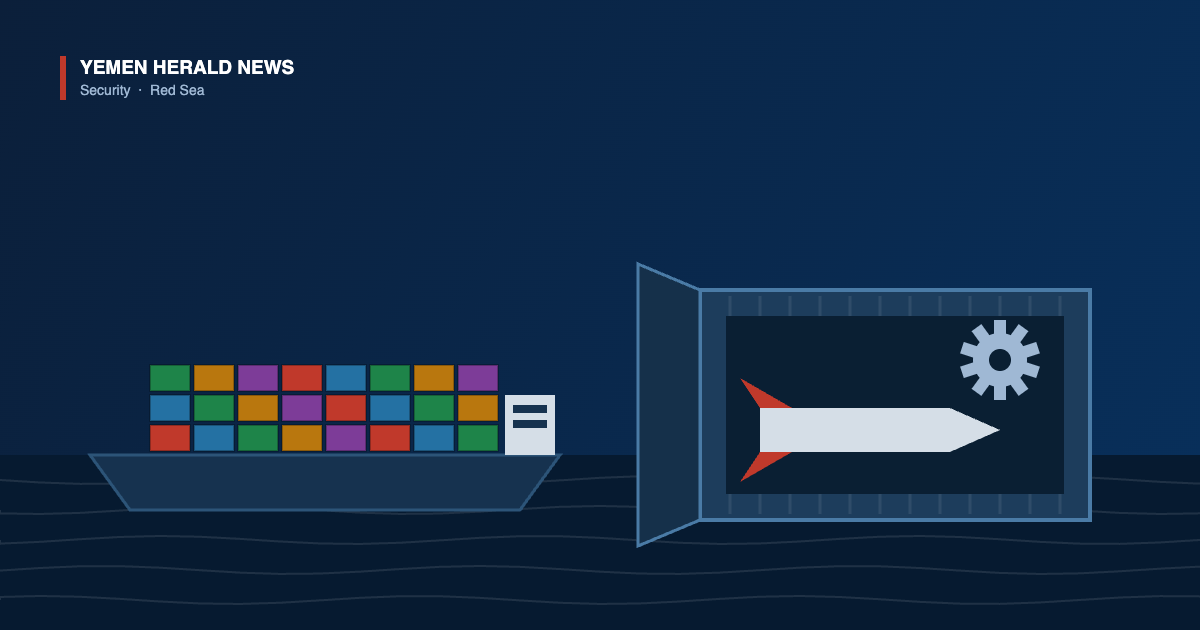 Illustration of a container ship and an open shipping container holding a missile body with tail fins and a machine-tool gear, representing Houthi weapons assembly from imported parts