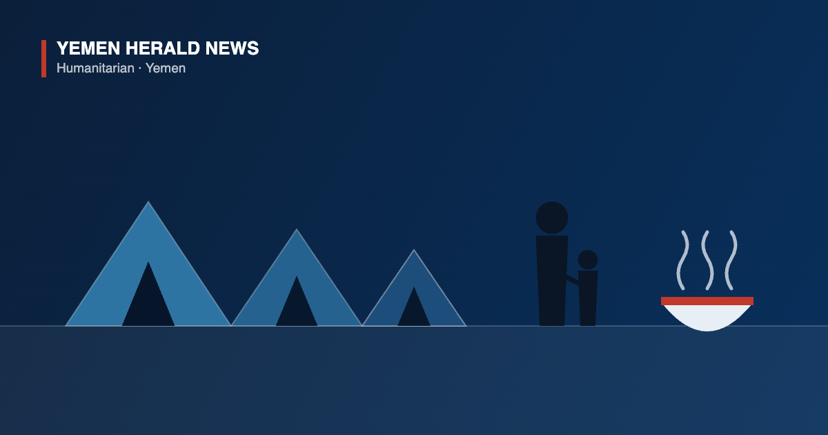 Illustration of tents at a displacement site in Yemen with a parent and child and a bowl of food, marking UNICEF warning on rising child malnutrition