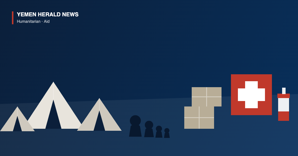 Illustration of tents in a displacement camp, a family group, stacked aid crates, a red medical cross and a vaccine vial