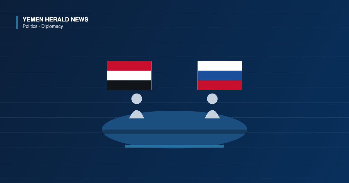 Illustration of a Yemeni flag and a Russian flag above a meeting table with two seated officials.