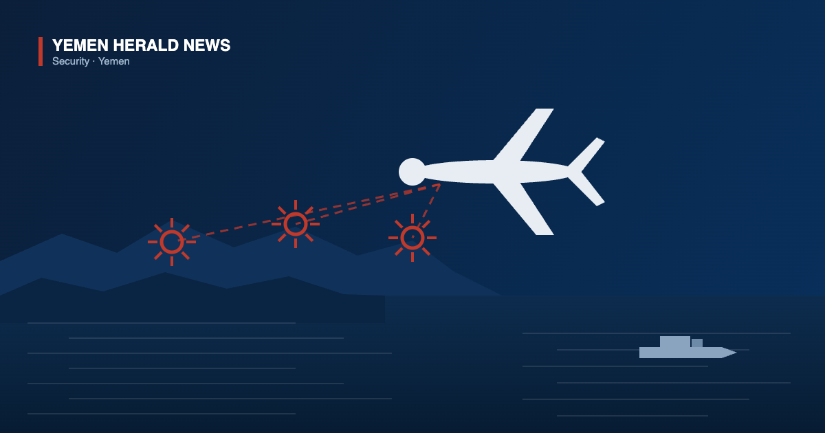 Illustration of a drone over ridgeline terrain with three marked strike points and a ship in the strait below