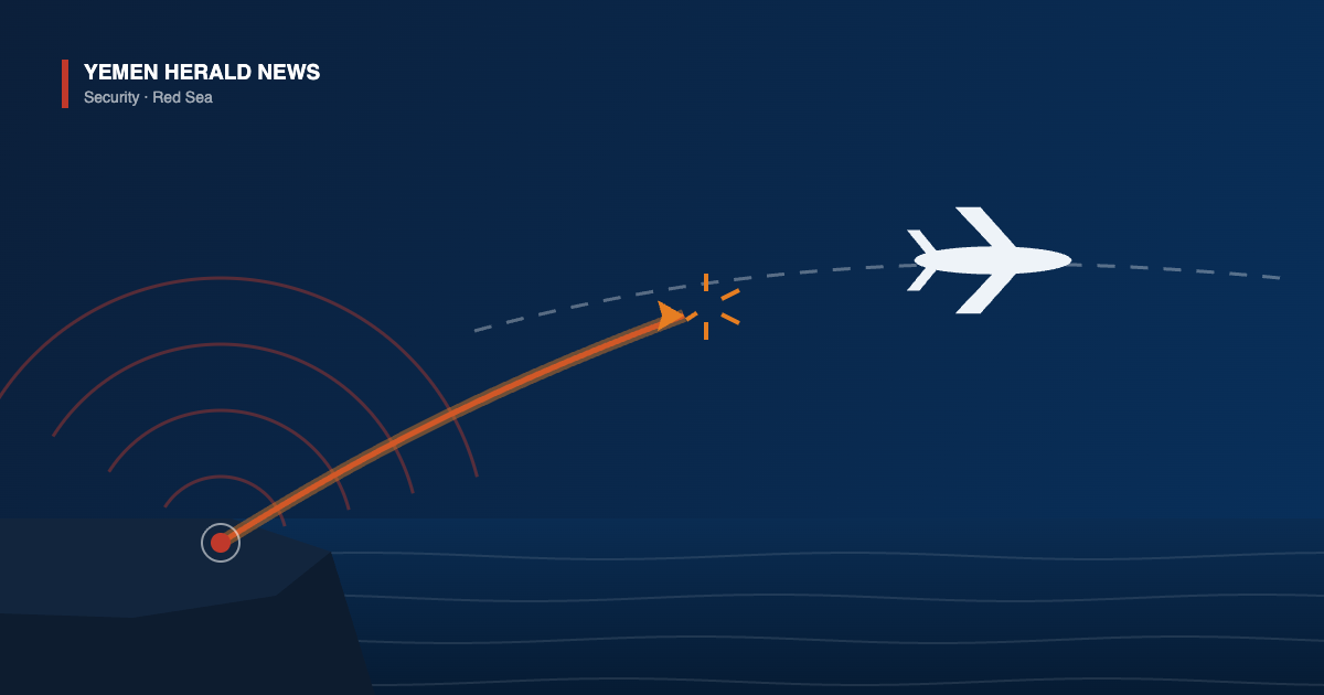 Illustration of a missile trail rising from a coastal launch point toward a dashed air corridor over the Red Sea, with an airliner silhouette ahead of it and radar arcs behind