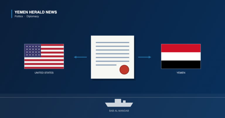 Illustration of a sanctions document with a wax seal between the United States and Yemen flags, above a cargo ship in the Bab al-Mandab strait