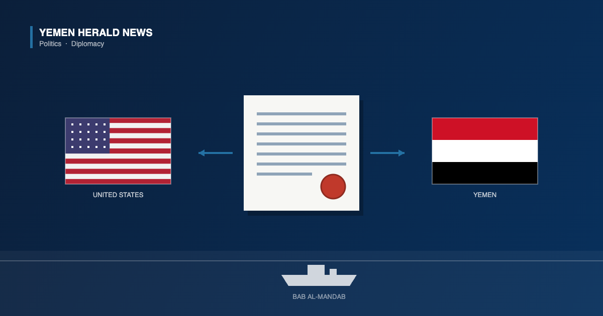 Illustration of a sanctions document with a wax seal between the United States and Yemen flags, above a cargo ship in the Bab al-Mandab strait