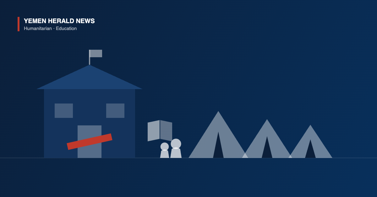 Illustration of a closed schoolhouse with a red bar across its door, an open book and two children beside displacement tents, representing school closures and displacement in Yemen