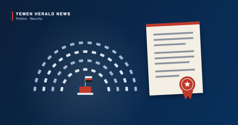 Illustration of a semicircular parliamentary chamber facing a podium with the Yemeni flag, beside a decree document bearing a red wax seal