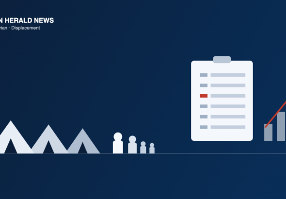 Illustration of tents, a displaced family, a data sheet and a rising bar chart, representing Yemen displacement figures