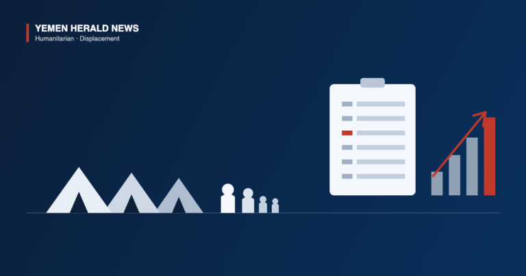 Illustration of tents, a displaced family, a data sheet and a rising bar chart, representing Yemen displacement figures