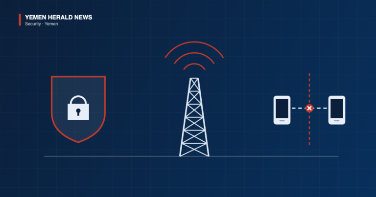 Illustration of a security shield with a padlock, a telecommunications mast and a blocked phone call crossing a front line
