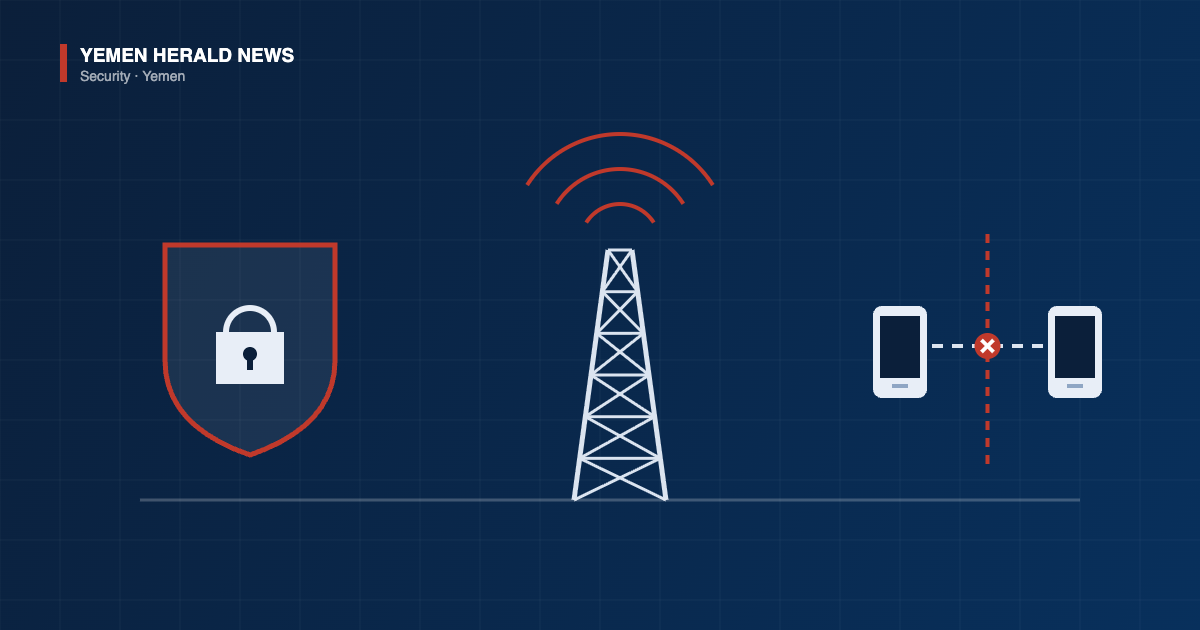 Illustration of a security shield with a padlock, a telecommunications mast and a blocked phone call crossing a front line