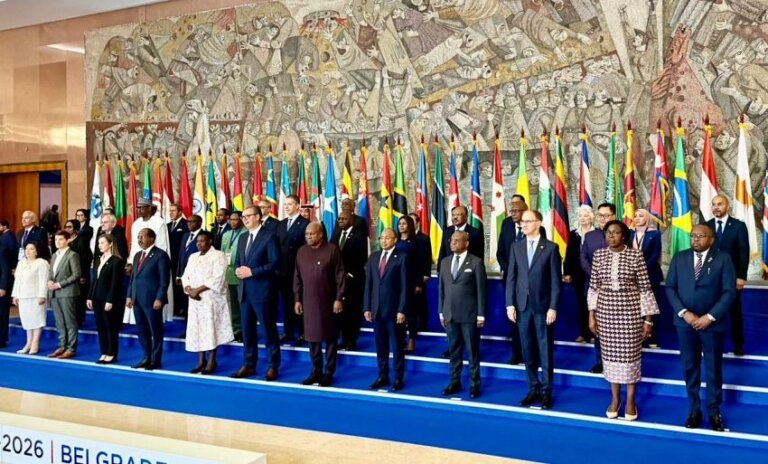 Delegation heads stand for a group photograph at the Non-Aligned Movement 65th anniversary meeting at the Palace of Serbia in Belgrade