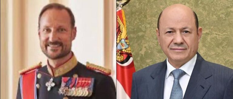 Side-by-side portraits of Norway's King Haakon VIII in uniform and Yemeni President Rashad al-Alimi