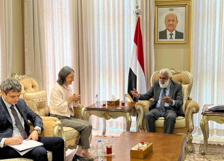 Yemen's planning minister Mohammed al-Faqmi meets France's ambassador Catherine Corm-Kammoun in a reception room in Riyadh