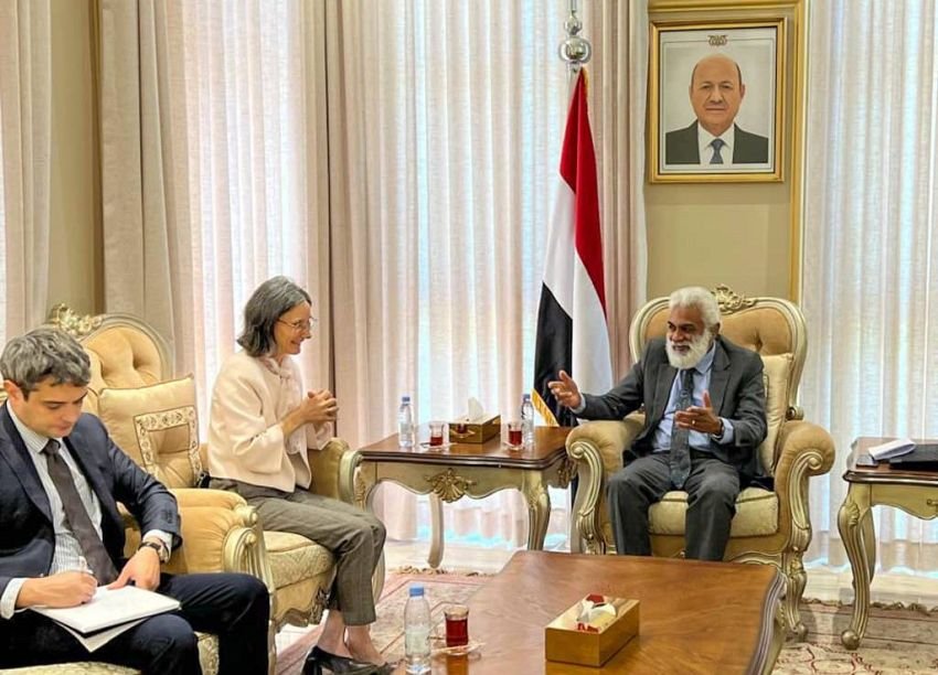 Yemen's planning minister Mohammed al-Faqmi meets France's ambassador Catherine Corm-Kammoun in a reception room in Riyadh