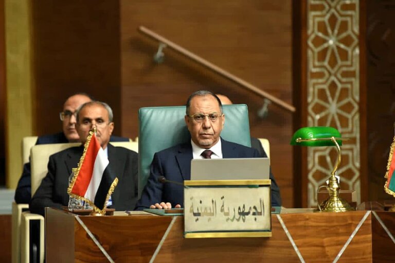 Yemen’s delegation seated behind a Republic of Yemen nameplate and national flag at an Arab League council session in Cairo