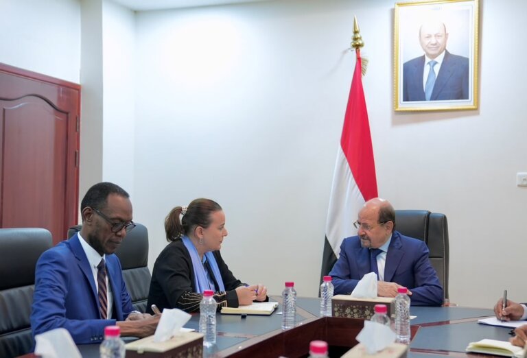 Yemeni Prime Minister Shaya Zindani meets UNDP resident representative Noura Hamladji in Aden