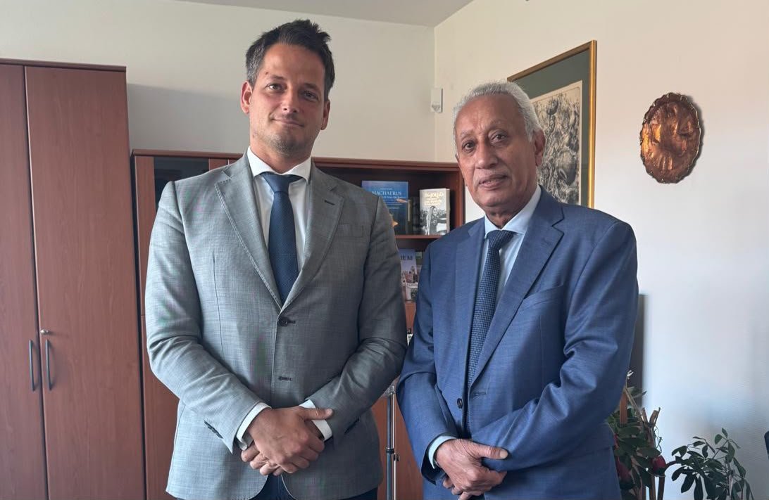 Two diplomats standing together after a meeting at the Hungarian foreign ministry in Budapest