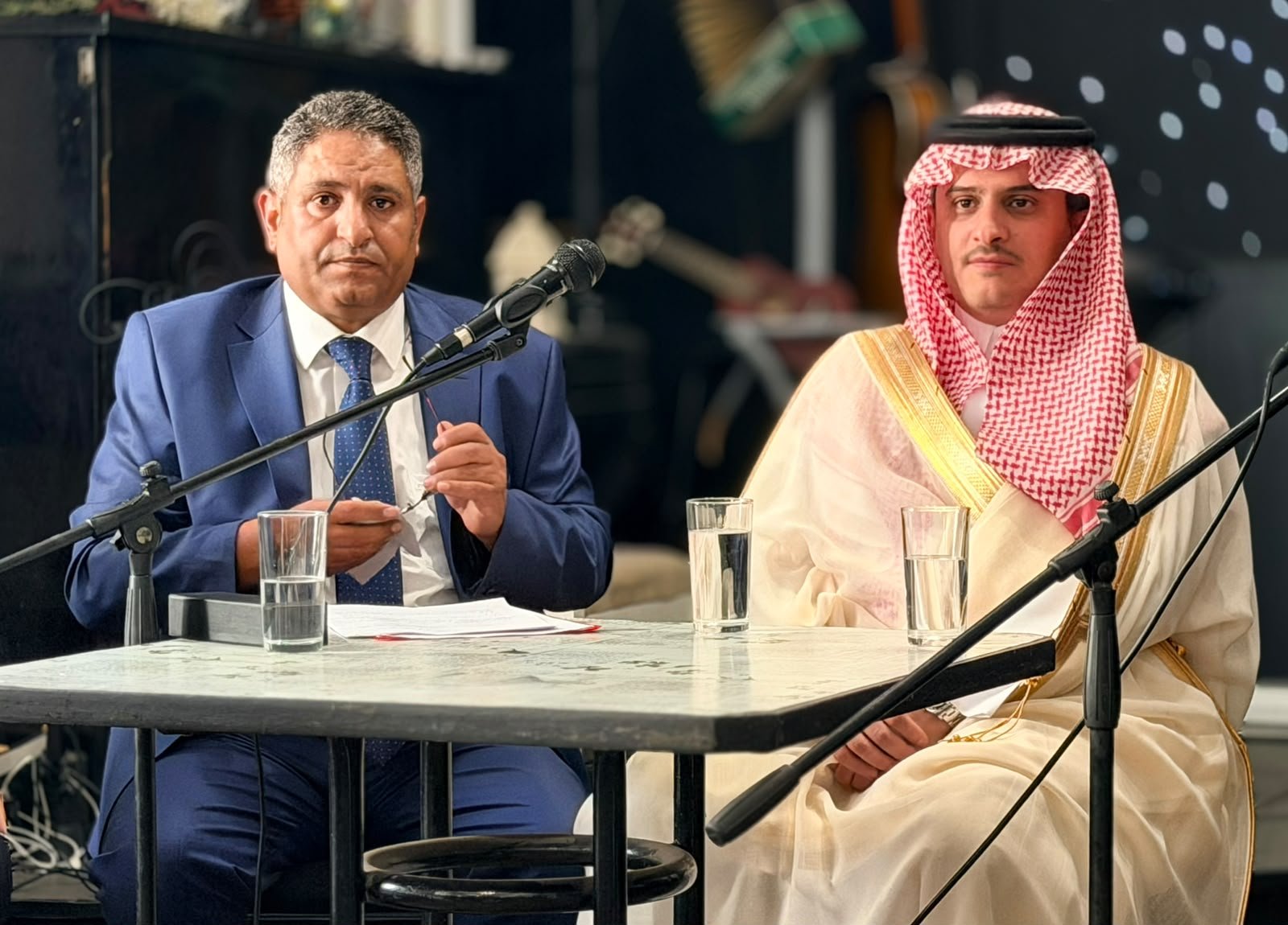 Yemeni acting ambassador Ahmed Shammer and Saudi ambassador Rami al-Otaibi speak at a news conference in Sofia, Bulgaria