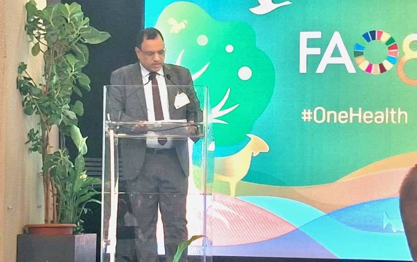 Yemeni Agriculture Minister Salem al-Soqatri speaks at a lectern in front of an FAO One Health backdrop in Rome