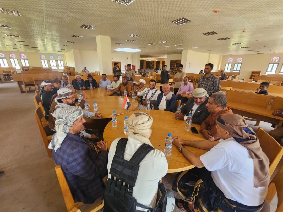 Taiz Governor Nabil Shamsan seated with sheikhs and community leaders from the Al-Hujariya districts at a meeting in Taiz, Yemen