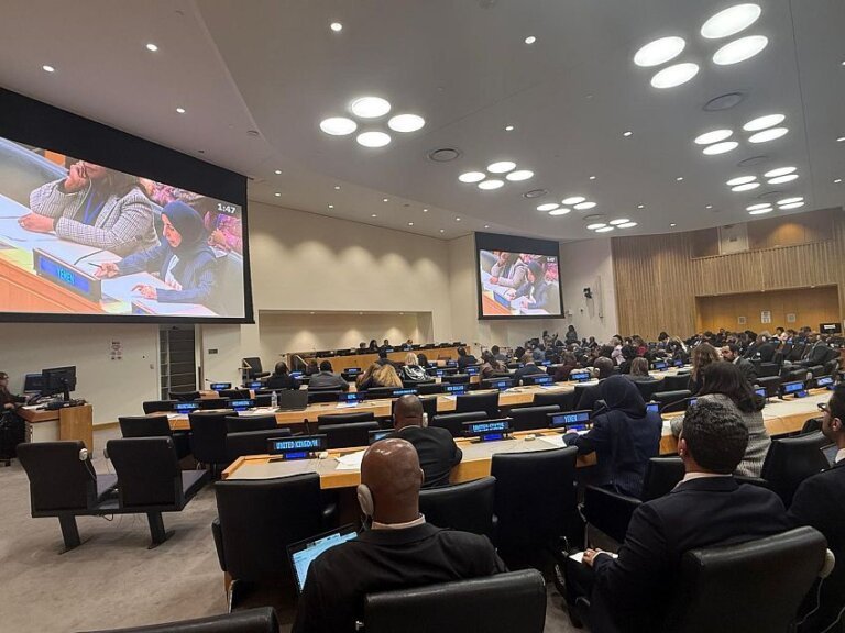 Delegates seated at desks in a United Nations conference room during a ministerial meeting in New York