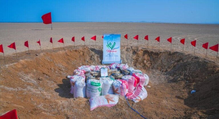 Recovered landmines and unexploded ordnance stacked in sandbags inside a demolition pit ringed with red marker flags in the Yemeni desert, with a Masam project placard at the centre.