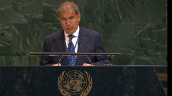 A delegate addresses the United Nations General Assembly from the green marble rostrum in New York, with the UN emblem on the podium.