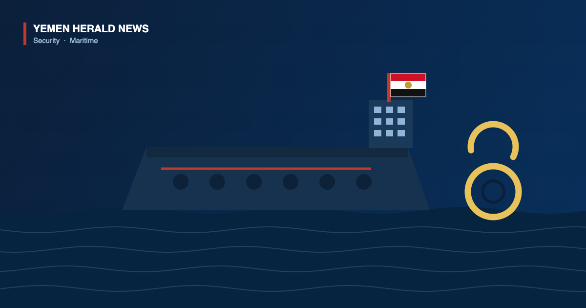 Illustration of an oil tanker at sea flying an Egyptian flag beside an open padlock, marking the release of eight Egyptian crew of the tanker Eureka