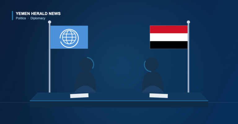 Illustration of a UN flag and a Yemeni flag flanking two figures seated across a meeting table