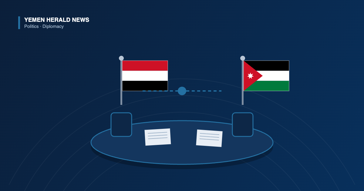 Illustration of the Yemeni and Jordanian flags beside a meeting table with documents, representing talks between Yemen’s embassy in Amman and Jordan’s foreign ministry