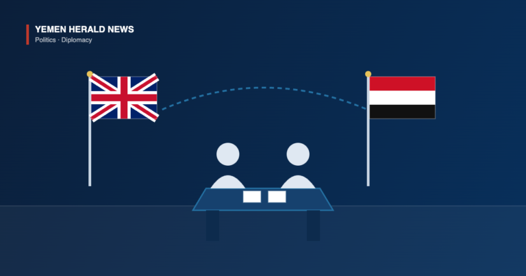 Illustration of a bilateral meeting between British and Yemeni officials, with the Union Jack and the Yemeni flag flanking a meeting table