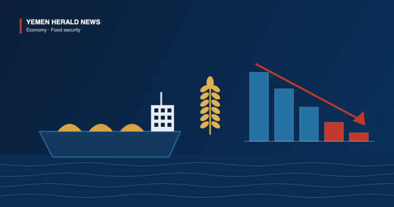 Illustration of a bulk grain carrier, a wheat ear and a falling bar chart with a downward arrow, representing a drop in Russian grain exports