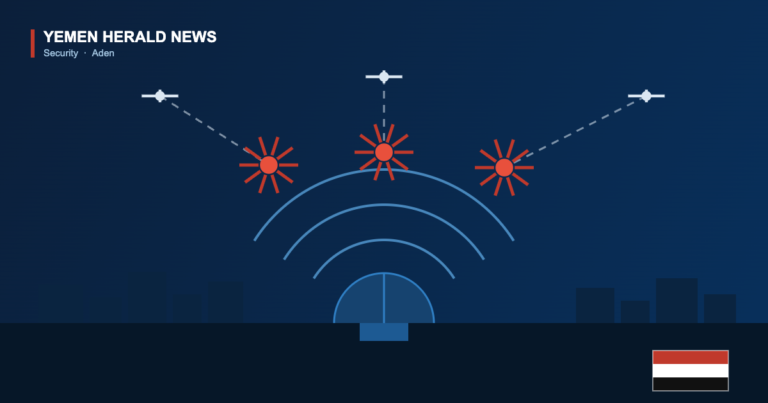 Illustration of a radar dome with sweep arcs and three drones on dashed flight paths meeting red interception bursts over a city skyline