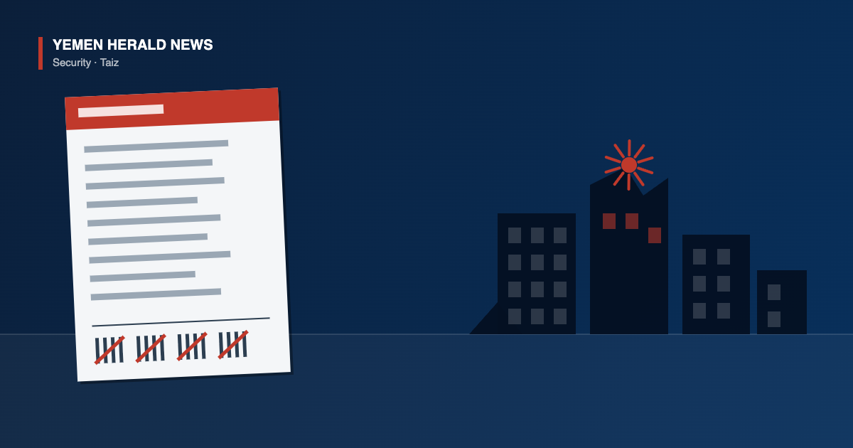 Illustration of a rights monitoring report with tally marks beside damaged buildings and an impact burst, representing documented violations in Taiz, Yemen
