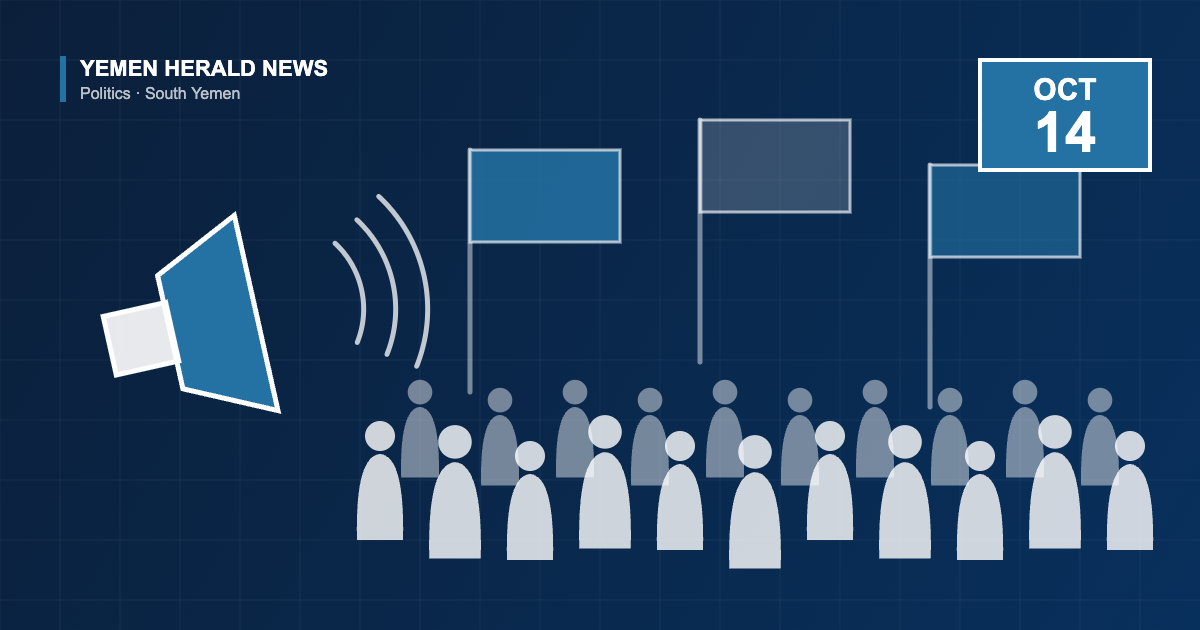 Illustration of a crowd with banners and a megaphone beside a badge reading Oct 14