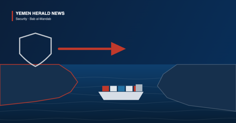 Illustration of the Bab al-Mandab strait with a cargo ship in the channel and a red arrow marking a ground advance from the Yemeni shore