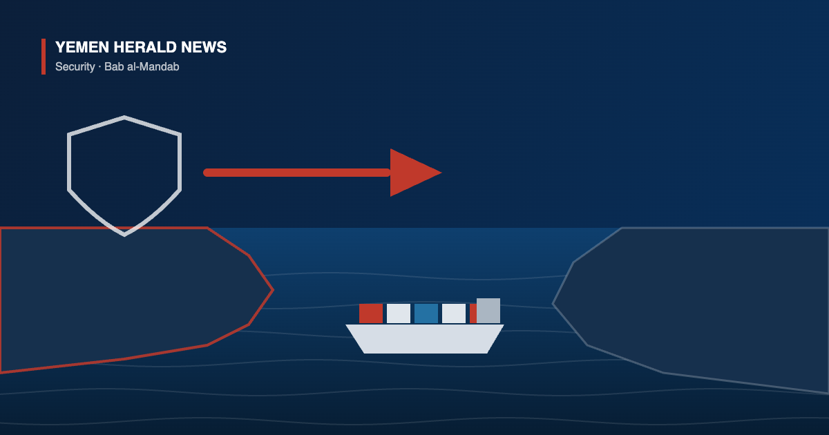 Illustration of the Bab al-Mandab strait with a cargo ship in the channel and a red arrow marking a ground advance from the Yemeni shore