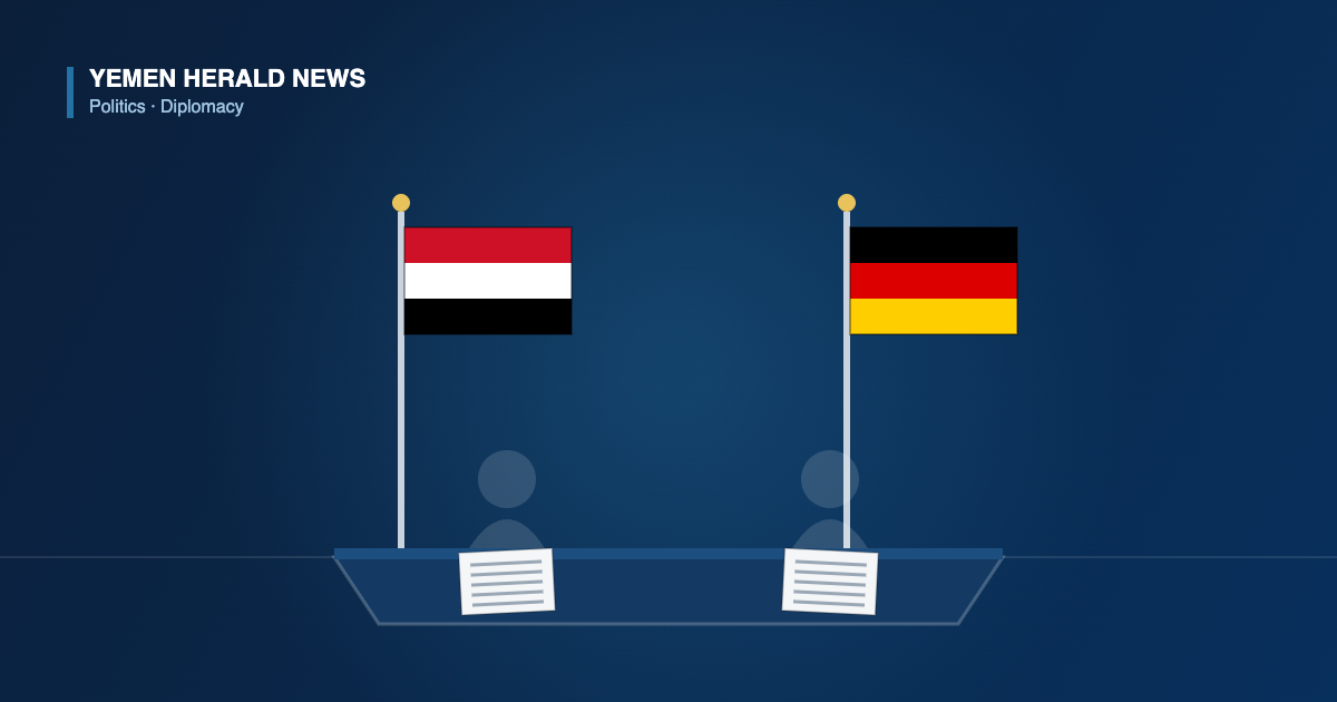 Illustration of the Yemeni and German flags beside a meeting table with documents, representing talks in Geneva