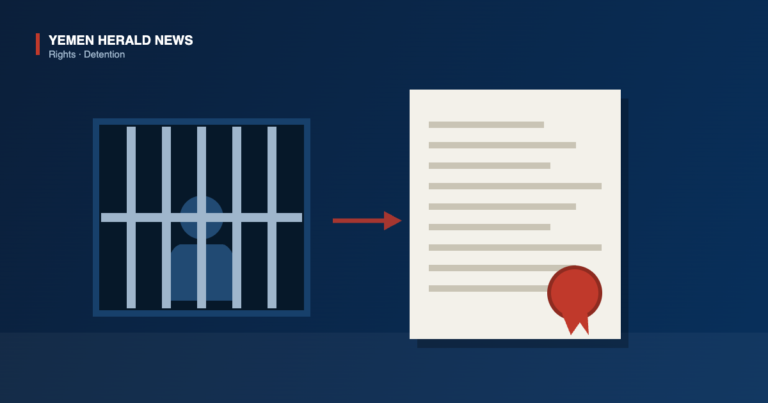 Illustration of a barred detention cell with a seated figure and an arrow pointing to a charge sheet bearing a red seal