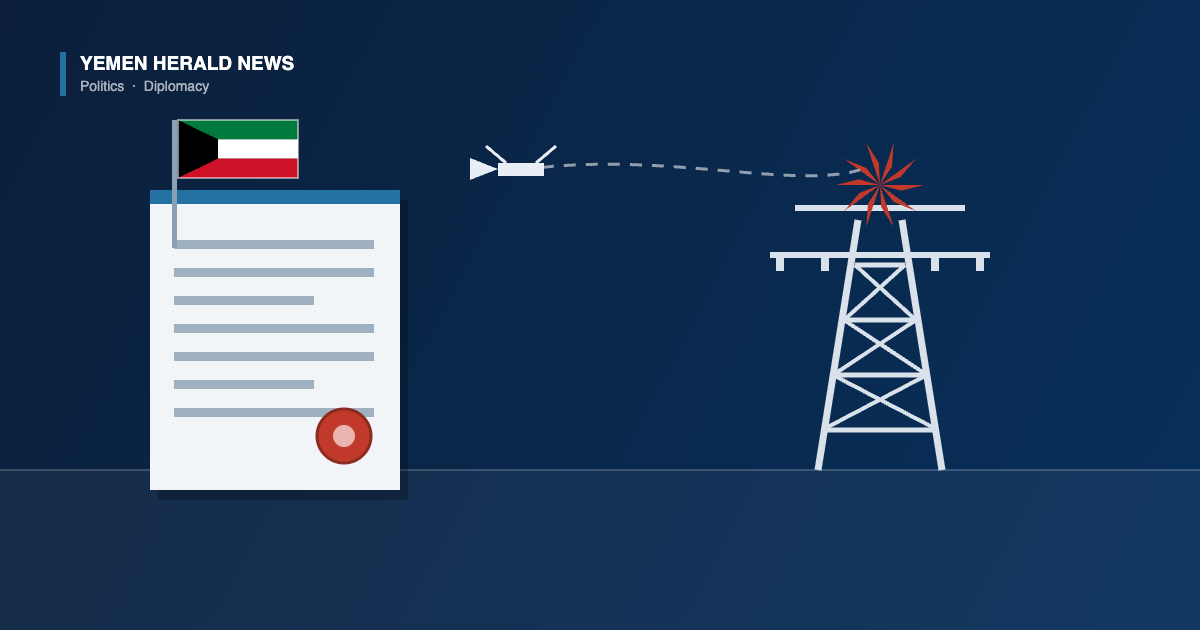 Illustration of a drone trail striking an electricity pylon beside an official statement document with a seal and the flag of Kuwait