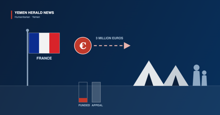 Illustration of the French tricolour flag beside a euro symbol and an arrow pointing toward tents and a displaced family, with bars showing the Yemen appeal largely unfunded