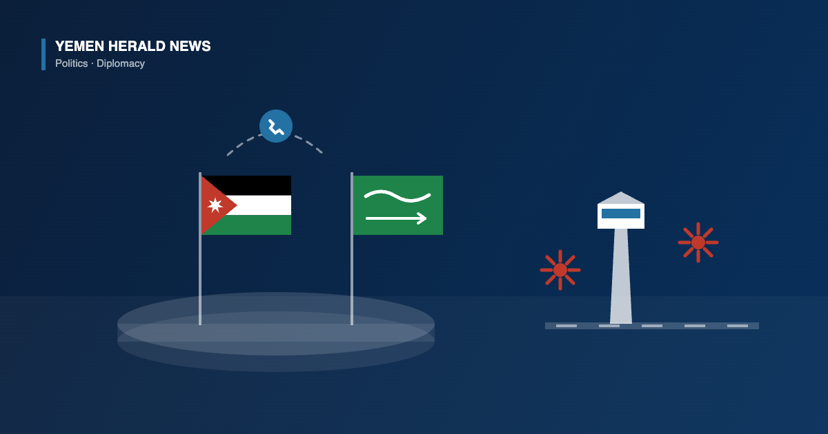Illustration of the Jordanian and Saudi flags at a meeting table linked by a telephone call symbol, beside an airport control tower marked by two alert bursts